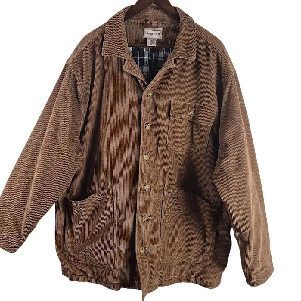 Scandia Woods XL Corduroy Barn Coat Brown Plaid Lined Chore Jacket Workwear